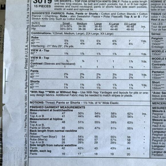 McCalls 3019 Sewing Pattern Unisex Xmas Pajamas Robe Sleepwear Sz XL-XXL B42-48 - Picture 3 of 5